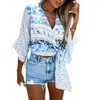 Women's Blouses V-Neck Tie Bow Loose Summer Shirt Floral Print Ruffle Sleeve Elegant Top Ladies Clothing