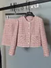 Two Piece Dress Small Fragrance Vintage Tweed Two Piece Set Women Crop Top Woolen Short Jacket Coat Mini Skirts Sets Pink Two Piece Suits 230503