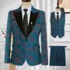 Men's Suits Blazers Costume Homme Luxury Party Men's Suit Blue Red Jacquard Black Velvet Lapel Slim Fit Tuxedo 3 Pcs SetJacket Pants Vest 230503