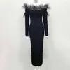 カジュアルドレス2023ファッションホワイトブラックビーズエレガントなセレブの羽の女性包帯イブニングパーティードレス長袖