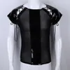 Men s T Shirts Sexy Clubwear T shirts Mens PU Leather Splice Soft Mesh See Through Short Sleeves Lace up Muscle Slim T shirt Tops Lingerie 230503