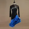 Vêtements de scène Sexy dos nu manches longues noir bleu Tango Cha robe de danse de salon strass à volants jupes de compétition de Salsa