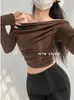Women's T Shirts Pleated Sweet Sexy Tight Skew Collar Long Sleeved T-shirt Women Spice Girl Short Tees Top Fahsion Korean Tops BY3T