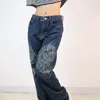 Kvinnors jeans vinterbyxor amerikanska retro streetwear broderade raka byxor hög midja hosen damen pantalon hiver femme