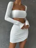 Casual Dresses Long Sleeve Square Collar Sexy Mini Dress Pleated Ruched Split Lace Up Party Outfit Backless Bodycon Two Piece Set