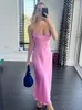 Sukienki swobodne różowe camis satynowe długie eleganckie rękawe świąteczne przyjęcie seksowne letnie kobiety 2023 230503