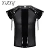 Men s T Camisetas Sexy Clubwears T Camisetas mensagens de couro PU PU malha macia ver através de mangas curtas Lace Up Muscle Slim Tops Tops Lingerie 230503