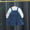 Girl Dresses Denim Brace Dress Two-Piece Korean Style Long Sleeve Children's Clothing Western Cute Girls' Skirt