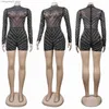 Women's Jumpsuits Rompers Echoine Luxurious Diamond Sheer Mesh Playsuit Skinny Sexy See Through Jumpsuit Black Long Sleeve Party Club Outfits Rompers T230504