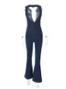 Kvinnors jumpsuits Rompers Blue Backless Heart Cutout Bodycon Jumpsuit för kvinnor Summer ärmlösa Slim Outfits Retro Denim Jumpsuits 230503