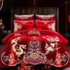 Beddengoed sets 4 stcs luxe loong phoenix Chinese stijl rood borduurwerk dekbedoverkap bed laken katoen bruidstoestel huis textiel