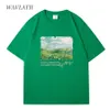 Женская футболка Wavlatii Женщины Spring Green Printed T Roomts Женская белая мода Негабаритная уличная одежда Творцы.