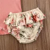 Set di abbigliamento Pudcoco Casual Sweet 3 pezzi Born Kids Abiti estivi Maniche a costine Pagliaccetto Top Pantaloncini floreali Copricapo Set di vestiti Neonate