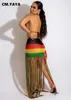 Two Piece Dress CMYAYA Elegant Rainbow Women Knit Ribbed Chochet Tassel Bodycon Maxi Skirt Suit and Crop Top Beach Sexy 2 Set Outfits 230504