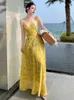 Casual Dresses Summer V Neck Yellow Print Backless ärmlös Slid Dress Ladies Elegant Party Aline Chiffon Sundress Women Fashion Sexy Corset 230504