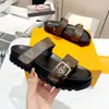 Designer Slippers slides sandals Summer Flats Sexy real leather platform Shoes Ladies Beach Classic Effortlessly Stylish 2 Straps with Adjusted Gold Buckles Women