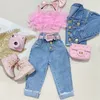Clothing Sets Girls Summer Outfit Fashion Kid Children Pink Sleeveless Feather Camisole Denim Pants with Pockets 230504