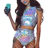 Pantalon deux pièces femme Rave Holographic Body Mini 2Pcs Hologram Metallic Crop Top et Shorts Tenues pour Dance Party Clubwear 230504