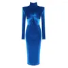 Casual Dresses Ailigou 2023 Women's Sexy Long Sleeve Turtleneck Draped Velvet Blue Midi Bodysuit Elegant Celebrity Party Club Dress