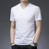 T-shirts pour hommes 2023 tenue d'été soie de mûrier T-shirt à manches courtes blanc tendance col en v couleur unie chemise à fond ample