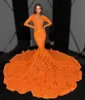 Maxi Orange Prom Dress for Black Girl Sequin African Women Pageant Party Gowns Long Sleeve Vestido de Graduacion