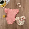 Vêtements Ensembles Pudcoco Casual Sweet 3pcs Born Kids Summer Tenues Coublé à manches coulières Top Shorts floraux Contrôles Headwear Set Baby Girls