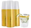 Other Event Party Supplies 20 50 100pcs Golden Plastic Cup 9 oz Hard Disposable Wine Glass Wedding Transparent Gold Rim 230504