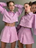 Women's Two Piece Pants OOTN Gingham Long Lantern Sleeve Female Set Crop Top Shirt With High Waist Shorts Summer Two Piece Set Elegant Women Short Suits 230504