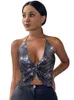 Tops 2022 Fashion Sexy Backless Solid Women Camisole Sleeveless Deep V Neck Halter Glitter Rhinestone Hollow Out Mesh Grid Party Tops