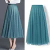 Skirts Spring Summer Beach Women Pleated Midi Skirt Ladies Elastic High Waist Tulle Skirts Mesh Tutu Skirt Teenage Girls A-line Skirts 230504