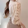Women's Blouses Vintage Princess Style Lace Shirts Women Fashion Loose Chic Buttons Casual Tops Flower Crochet Lantern Sleeves Boho White