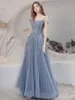 Haze Blue Cocktail Dresses Spaghetti Strap Off Shoulder Sequined A-Line Long Ruched Appliques Lace-Up Banquet Party Evening Gown