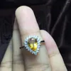 Klusterringar naturlig gul kristall pärla ring s925 silver citrin mode elegant vatten dro kvinnors tjej party smycken
