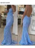 Robes de soirée Sexy bleu dos nu Slip sequin sirène robe de mariée col en V sans manches velours rembourré Stretch bal soirée longue robe femmes 230504