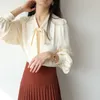 Women's Blouses 2023 Spring Satin Bow Ribbon Women Stand Collar Single Breasted Loose Elegant Shirts Tops