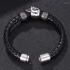 Charm Bracelets Punk Jewelry Men Black Braided Leather Skull Bracelet Skeleton Stainless Steel Magnetic Buckle Wristband Male Bangle Gift