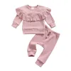 Kläder sätter 0-18m född baby flicka Autumn Solid Warm Two-Piece Ruffles Round Neck Long Sleeve Tops Elastic Midje Pants Outfit