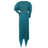 Robes décontractées Miyake plissé manches chauve-souris robe avec ceinture femmes 2023 printemps français mode élégant grande taille longue