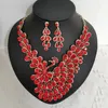 Conjunto de pendientes de collar, conjuntos de joyería nupcial de pavo real de lujo, joyería de disfraz de fiesta de boda con declaración de gota roja para mujer