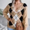 Kadın Sweaters Casual Kore versiyonu gevşek kazak, kadınlar v yaka ince sonbahar kış 2023 kolej tarzı elmas baskı sweaterwomen's