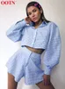 Women's Two Piece Pants OOTN Gingham Long Lantern Sleeve Female Set Crop Top Shirt With High Waist Shorts Summer Two Piece Set Elegant Women Short Suits 230504