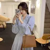 Casual Dresses Sky Blue Sweet Corduroy Dress Women's Spring Long 2023 French Style Suit Collar Design Medium Length Girl's