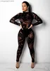 Monos de mujer Mamelucos Echoine Mujer Malla transparente Sexy Mono de encaje negro Hoja de bambú Bodycon Body Traje Traje Mono Playsuit Night Club Party Catsuit T230504