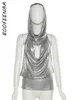 Camisoles Tanks Boofeenaa Silver Hooded Open Back Halter Top 2 PCS 세트 여성 클럽 활동 파티 탑 여성 C96-BD17 230503을위한 90S 스타일 섹시한 옷