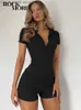 Damen Jumpsuits Strampler Rockmore Schwarz geraffte Playsuits Langarm Bodysuits für Frauen Y2K Streetwear Buttons Jumpsuits Lässige Strampler Playsuit Femme T230504