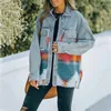 Kvinnorjackor Kvinnor Patchwork denimjacka tryckt långärmad lapel -knapp ner Cardigan Autumn Spring Casual Coat 90s Vintage Streetwear 230504