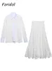 Tvådelklänning Spring Women Summer White Lace Set Hollow Out Brodery Shirt Kjol 2 PCS Robe Outfits Single Breasting Cotton Maxi 230504