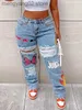 Women's Jeans LW Plus Size Butterfly Letter Print Ripped Women Large Denim Fashion Straight Pants Streetwears Trousers(2 Colors) T230504