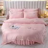 Bettwäsche-Sets rundes Bett Stickerei 4-teiliges Set gewaschenes einfaches Leinen Bettbezug rosa Designer-Doppelluxusbetten # /