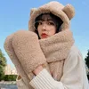 Motorcycle Helmets Cute Bear Ear Hat Scarf Gloves Set Winter Warm Beanies Caps Casual Plush Hats Solid Skullies Mittens For Women Girl